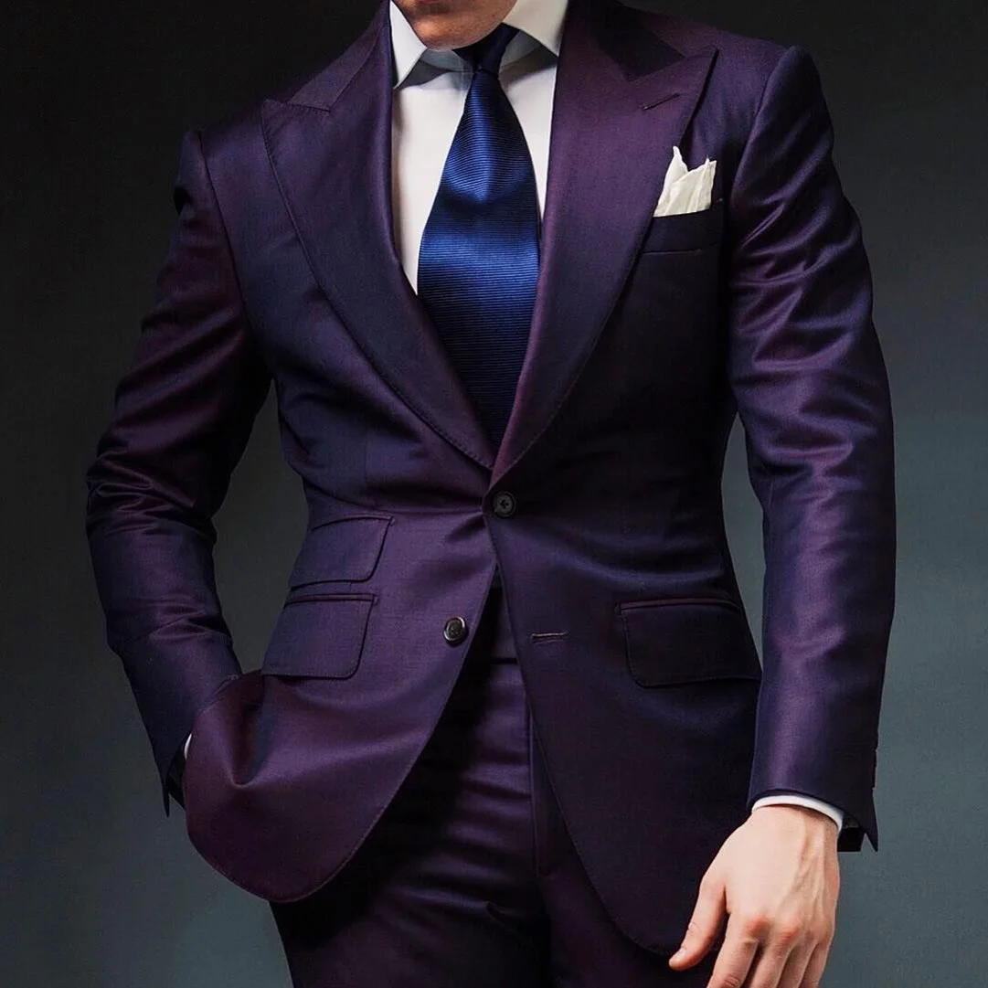 Elegant Mens Suits 2024 Formal Peaked Lapel Slim Fit Suit Purple Tuxedo Groom 2 Piece Set Wedding Suits For Men (Jacket+Pant)