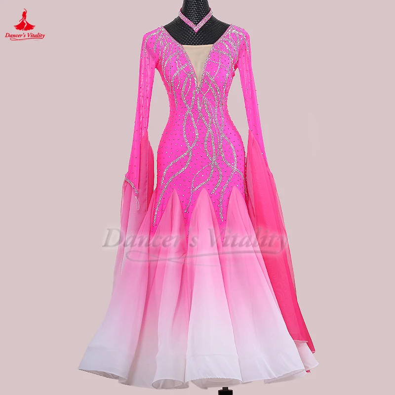 성인 왈츠 폭스트롯 탱고 퀵스텝 로즈 그라디언트 컬러 긴 소매 빅 스윙 드레스 여성 공연 및 대회 의상 맞춤