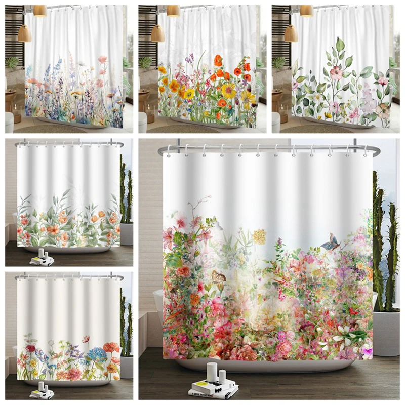 

Rustic Floral Shower Curtain Watercolor Flower Blossom Butterfly Plant Spring Country Nature Fabric Decor Bathroom Curtains Home