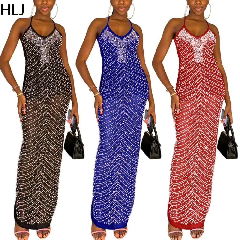 

HLJ Sexy V Neck Rhinestone Bodycon Evening Party Suspenders Dresses Women Thin Strap Sleeveless Slim Vestidos Female Clothing