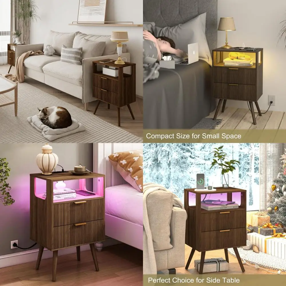 

Contemporary Nightstand with Charging, LED Lights, 2 Drawers, Open Shelf, Walnut Brown