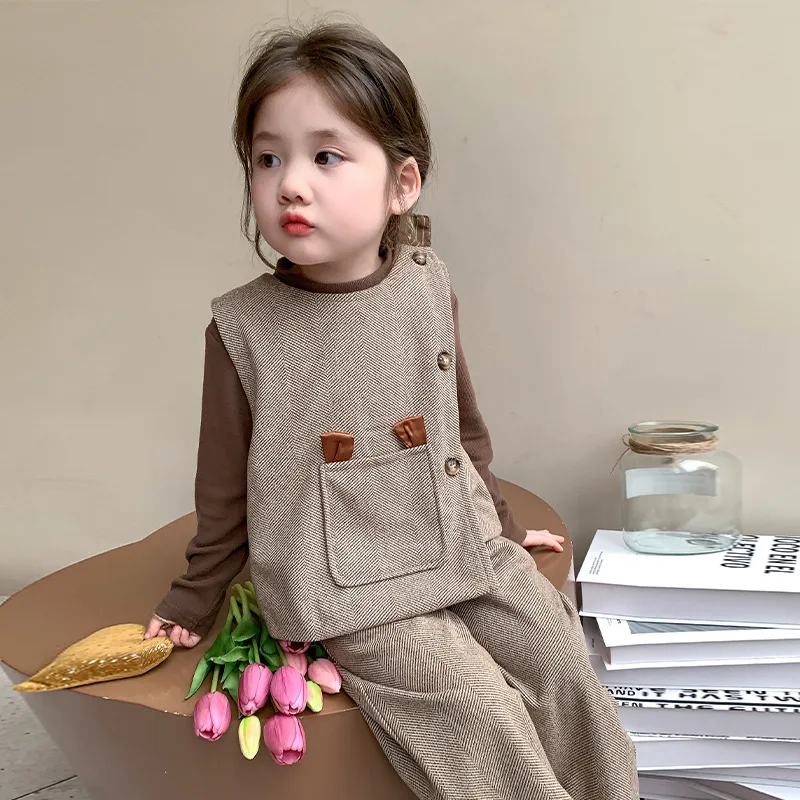 

Горячий жилет для девочек, базовый слой, брюки, комплект из трех предметов, весенне-осенние топы, пуловеры, брюки, детская кавайная модная новая стильная повседневная одежда