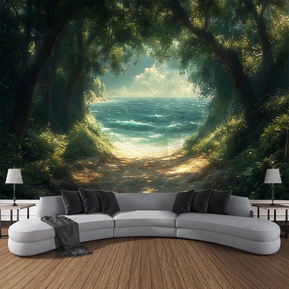 Beautiful landscape tapestries, forest sea caves, psychedelic scene wall hangings, home art decorations, bohemian yoga mats