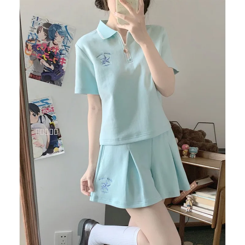

Summer New Sle College Casual Sports Women's Set Collar ort Sve T-irt Skirt Two-Piece Set for Young Girls