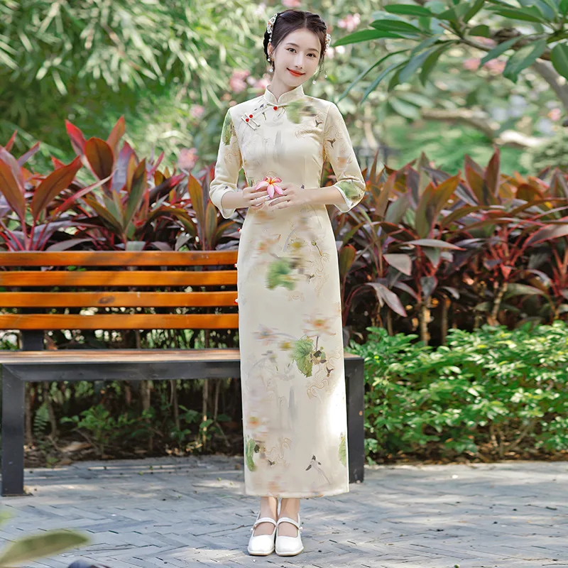 

Beige Green Suede Improved Long Cheongsam Women Elegant Slim Dress Plus Size Chinese Style Long Sleeve Retro Qipao S To 4XL