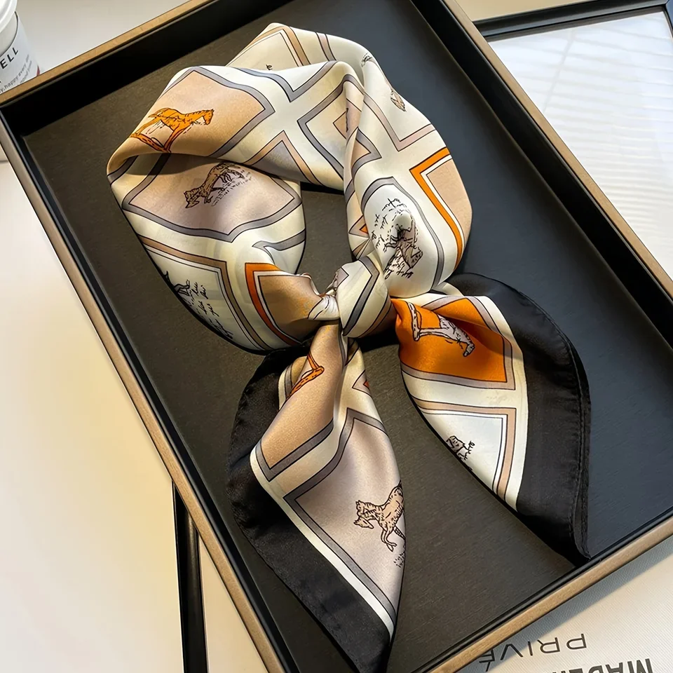 27.55" Grid Horse Print Square Scarf Simulated Silk Neck Scarf Stylish Sunscreen Headscarf For Women