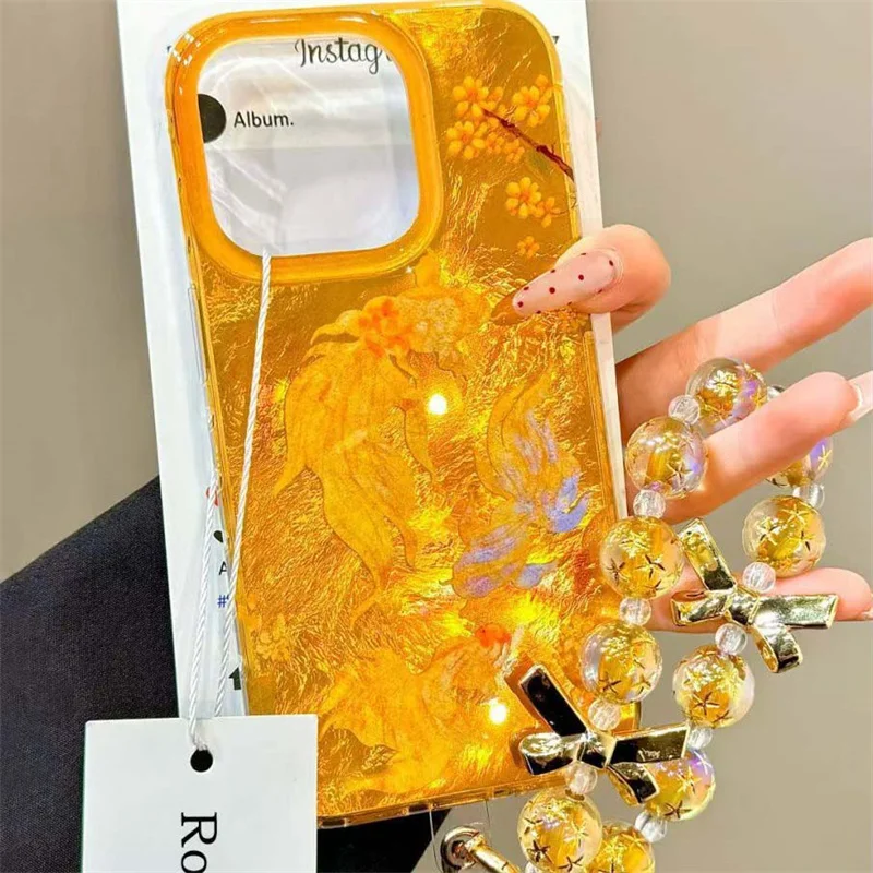 Vortex patterned gold low osmanthus koi phone case with bow and bead chain for iPhone 11 12 13 14 15 16 pro max