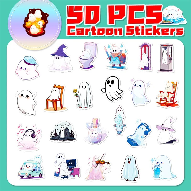 White Ghost PVC Aesthetic Sticker, Decoração Infantil, Scrapbooking, Papelaria Coreana, Material Escolar para Crianças, 10 Pcs, 30 Pcs, 50Pcs