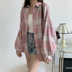 Camisa de tartán de manga larga con cuello y botones para mujer, camisa a cuadros de gran tamaño, chaqueta Grunge, moda para adolescente, traje de primavera y verano