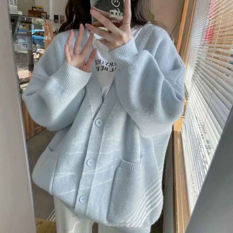 

Autumn Sweater Women'S Knitted Cardigan V-Neck Winter Vintage Casual Pockets Solid Jacket Single Breasted Harajuku Spring Retro