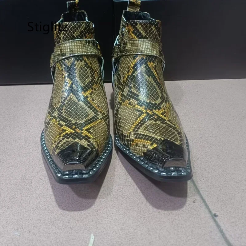 Buckle Strap Snakeskin Ankle Boots for Men High Heels Slip On Genuine Leather Work Boots Metal Decor Chelsea Boots Men's Shoes
