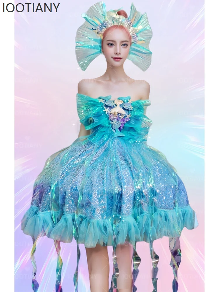 

Shiny Mermaid Jellyfish Women's Dress Bar Parade Carnival Opening Dance Singer Stage Party Cosplay Mermaid Dress Headdress Set