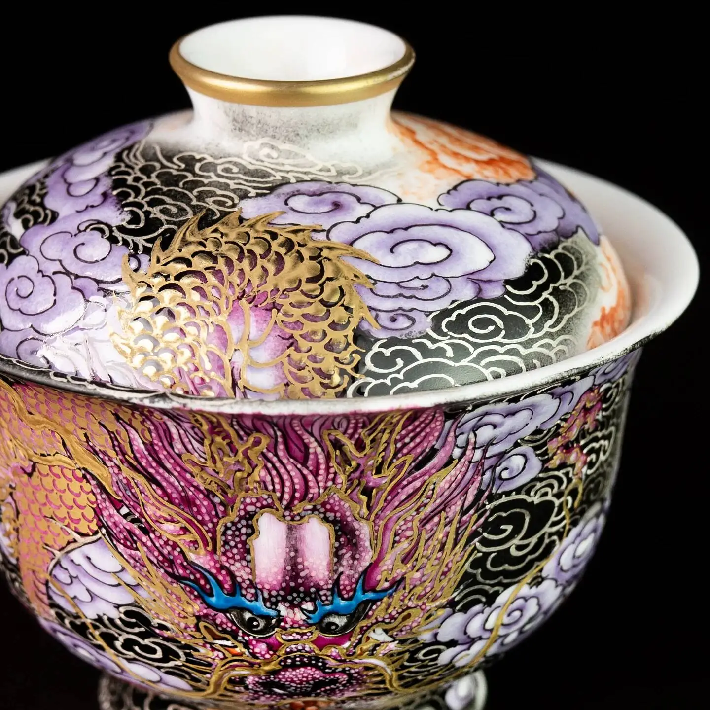 Holy Mountain Jingdezhen Hand-Painted Enamel Gold And Silver Cloud Palace Dragon Handmade Ceramic Set Cup Tea Brewing Lid Bowl