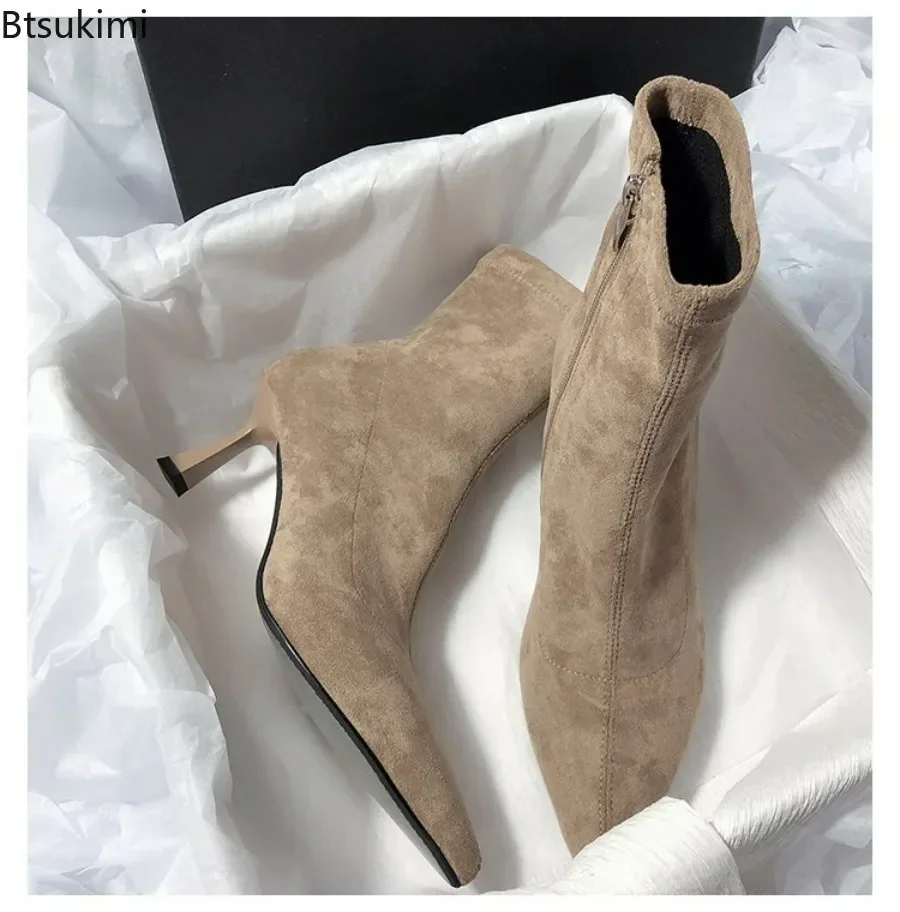 2024 Women\'s Black Short Boots Sexy High Heels Ankle Boots Autumn Winter French Thin Heel Elastic Shoes Suede Pointed Thin Boots