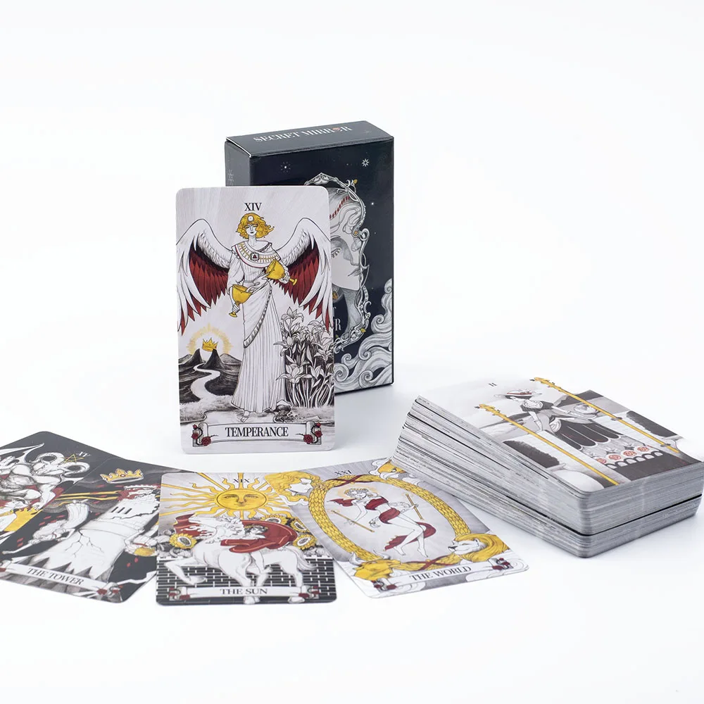 Secret Mirror Tarot Cards 10.3*6Cm Feminine Art Tarot In Rich Symbolism with Monochrome Realm:Black, White, Red, Gold