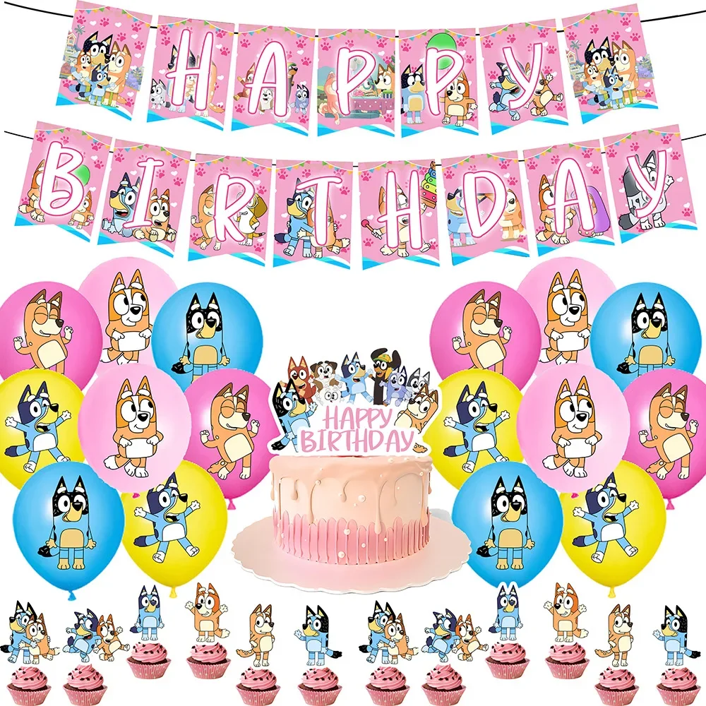 Pink Bluey Bingo Theme Birthday Party Supplies DIY Balloon Party Decoration Banner Latex Balloon Decoration Cake Supplies