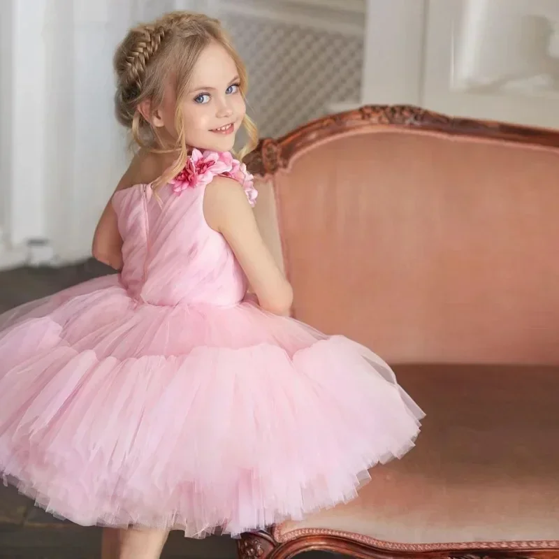 Custom Pink Tulle Puffy With 3D Flowers Single Shoulder For Wedding Birthday Party Banquet Princess Gowns Flower Girl Dresses