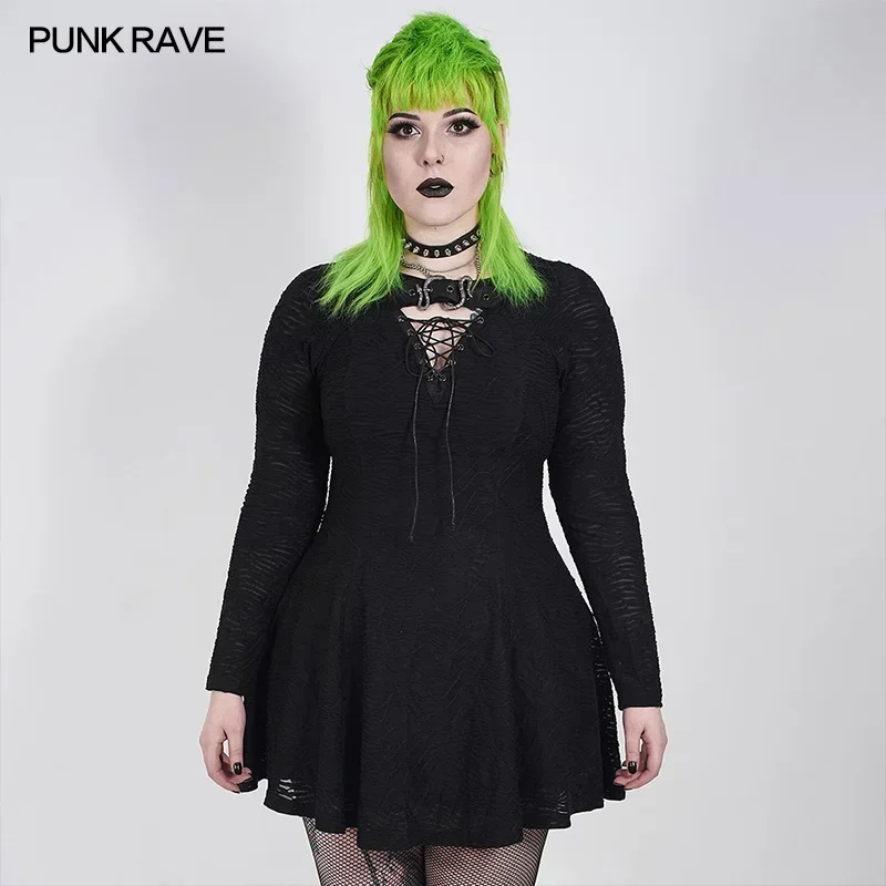 

PUNK RAVE Plus Size Women's Punk Mystery V-neck Long Sleeve Dress Gothic Chest Cut-out Sexy Club Dresses Snake Buckle Decoration