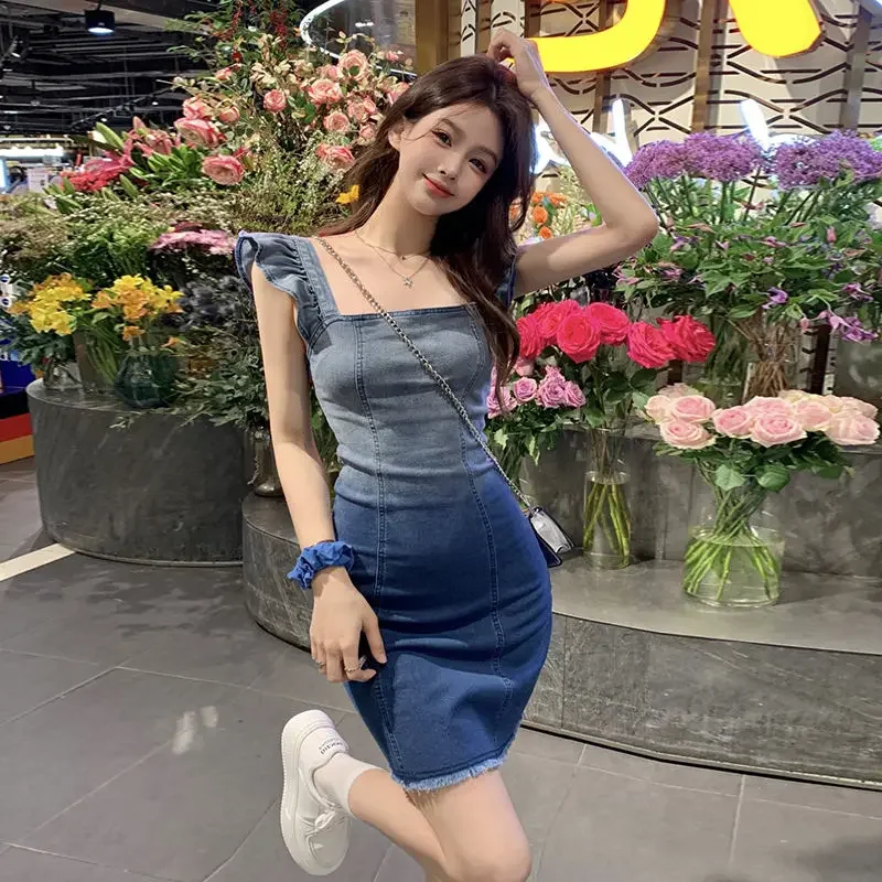 Mini denim senza maniche corto fata donna abito corsetto aderente aderente carino kawaii vestiti casual gioventù in vendita abiti per le donne