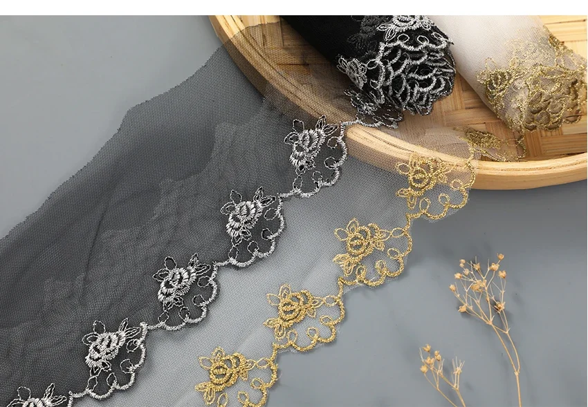 Black White Mesh Lace Fabric, Gold and Silver Thread, Embroidery Ribbon Trim Dress, Guipure Lace Scarf Apparel, DIY Sewing Decor