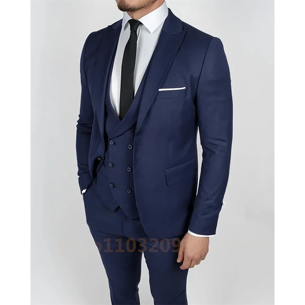 Navy Blue 2024 Men Suits Slim Fit 3 Pieces Best Men Wear Wedding Business Groom Tuxedos Blazer+Vest+Pants Costume Homme