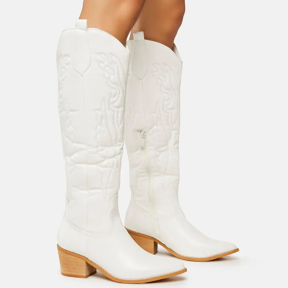 Winter Large Size 43 In Stock for Dropship Vintage Knee High Cowgirls Black Western Boots Shoes Zip up White Cowboy Boots Women
