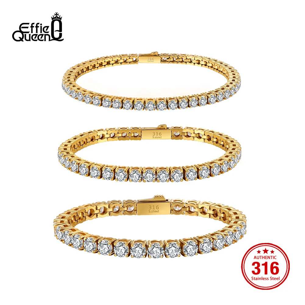 EFFIE QUEEN 3mm 4mm 5mm Cubic Zirconia Tennis Bracelet Bangle Stainless Steel Shiny CZ Bangle Wedding Wholesale Jewelry HTCB10
