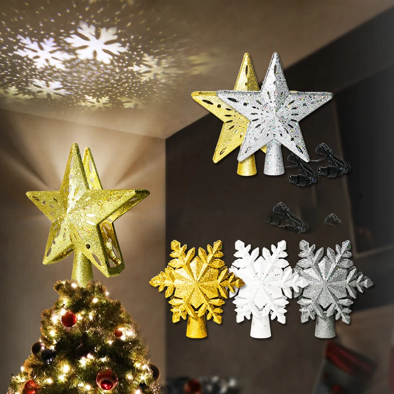 Snowflake Christmas Tree Topper, LED Star Top Projector Lamp, Xmas Tree Decor, Holiday Party Hanging Ornament, Five-Pointed Star