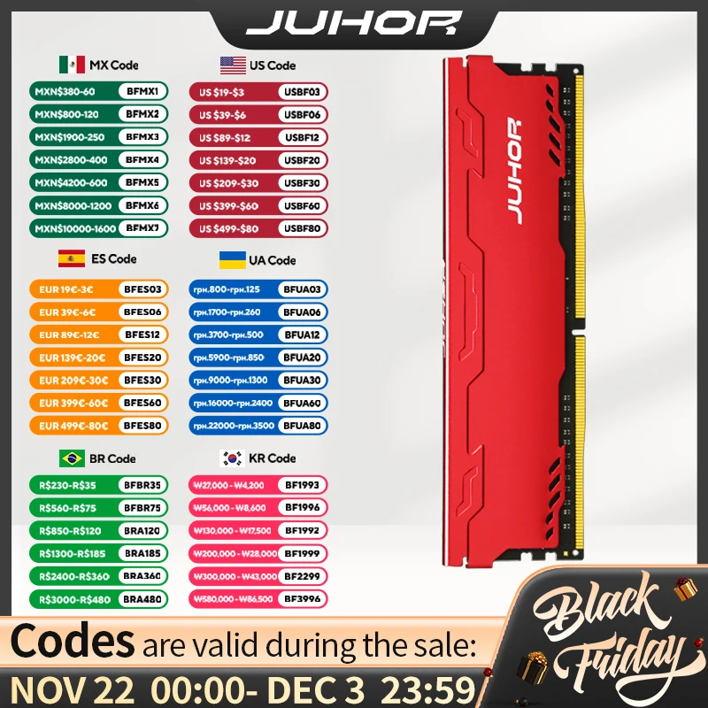 JUHOR Memoria Ram  DDR3  8GB 1600MHz DDR4  8GB 16GB 2666MHz 3200MHz DIMM Desktop  Memory RAMS with Heat Sink