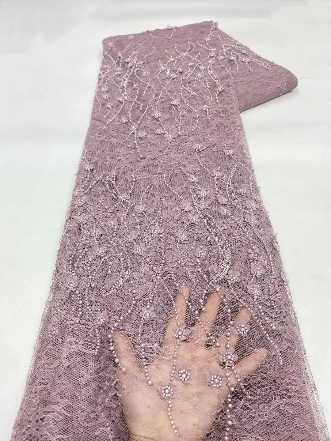 

African Beaded Tulle Lace Fabric 2026 High Quality French Nigerian Sequins Embroidered Lace for Party Dress Sewing 5 Yards