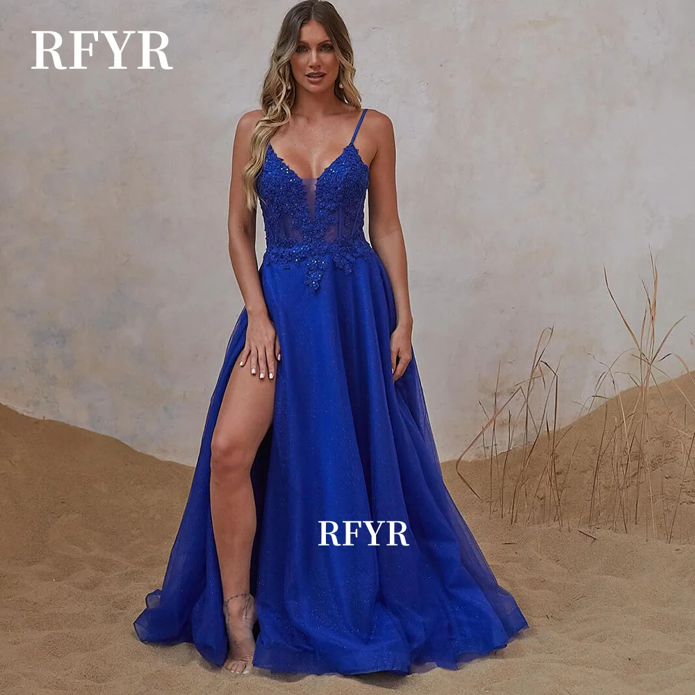 

Вечернее платье RFYR королевского синего цвета, фасон А-силуэт, с аппликацией, с высоким разрезом, для торжеств, с вырезом «сердечко», в стиле знаменитостей, для женщин, на заказ