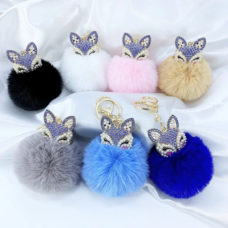 Cute Mini Fox Plush Keychains For Women Girls Fluffy Fur Key Ring Chains Pompom Ball Rhinestone Car Keyring Holder Charm Bag