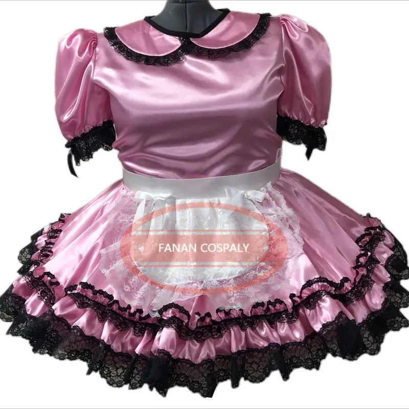 

Fashion Pink Satin Dress White Lace Apron Adult Giant Baby Sissy Role Play Makeup Prom Maid Dress Custom Lockable