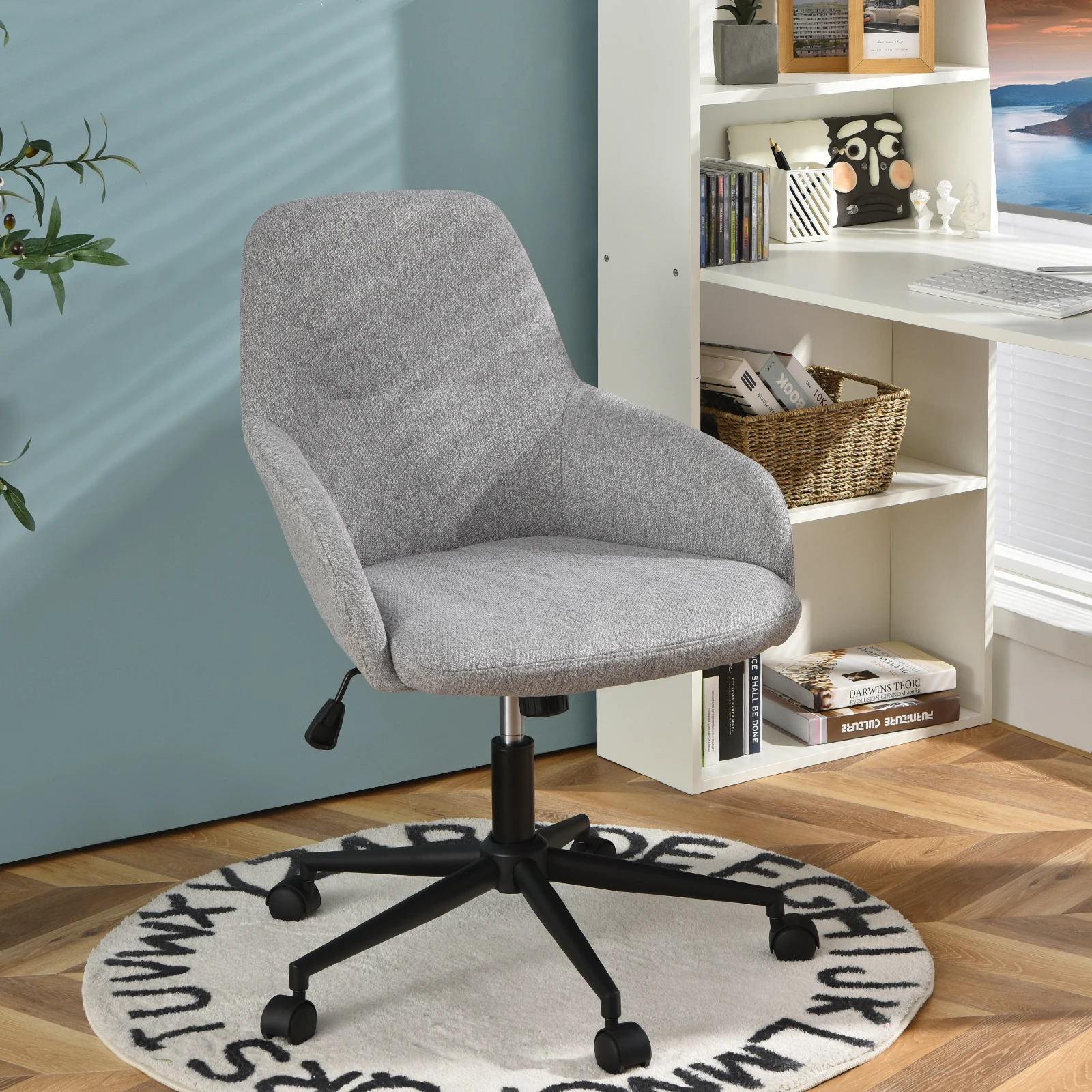 Silla de oficina de lino con reposabrazos, asiento giratorio, ajustable