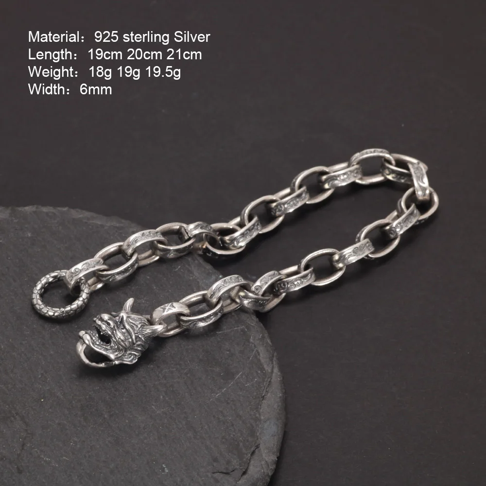 Genuine 925 Sterling Silver Hannya Prajna Bracelet Chain for Men Vine Pattern Engraving Buddhist Jewelry