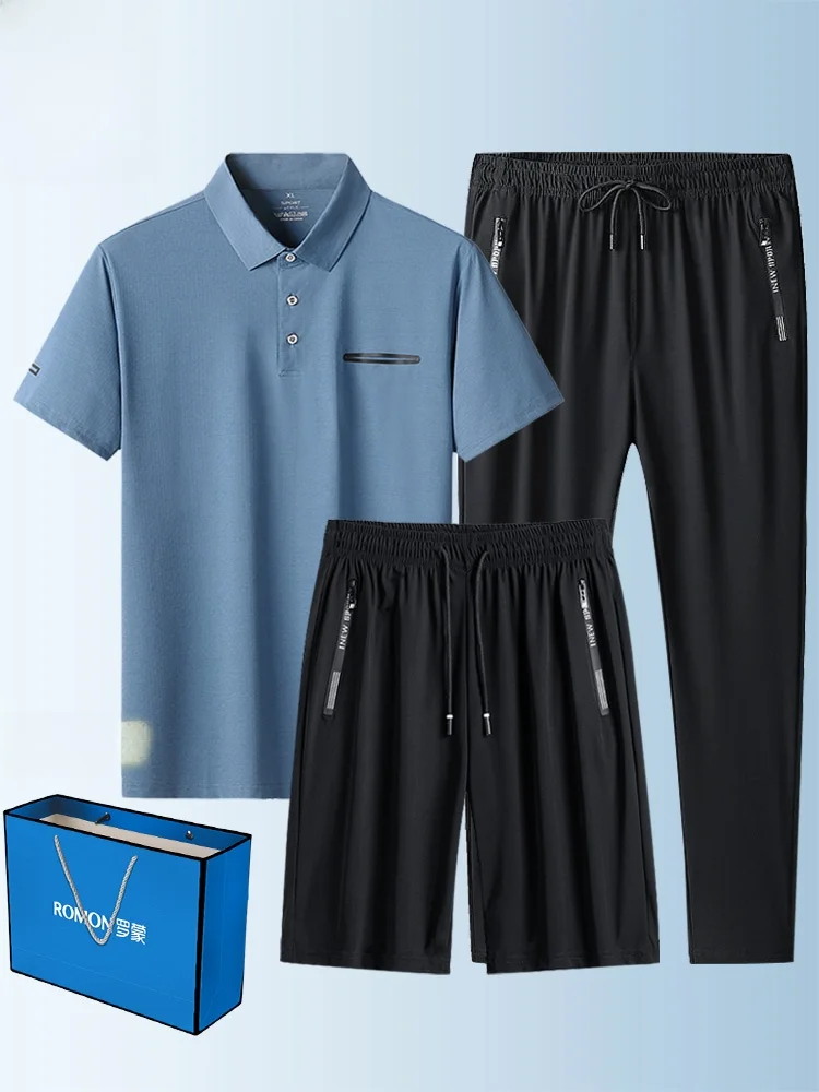 

Rn Dad Summer irt Ice Silk Qui Dry Sport Casual ort Sve Tee Piece Set for Middle-Aged Men Long Pants