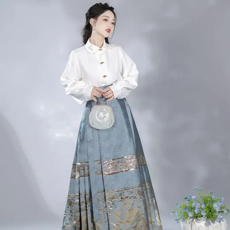 MaMian Qun Ming Dynasty Horse Face Skirt Vintage Chinese Traditional Ancient Hanfu Modern Women's Dress Set Daily Wear