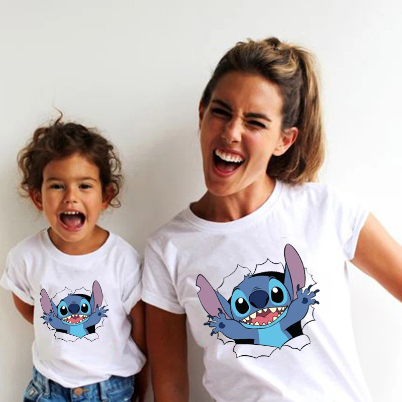 Family Look Disney Stitch T Shirt Mother and Kids Matching Outfits Fashion Streetwear Mom and Daughter Son Family Clothes Tops