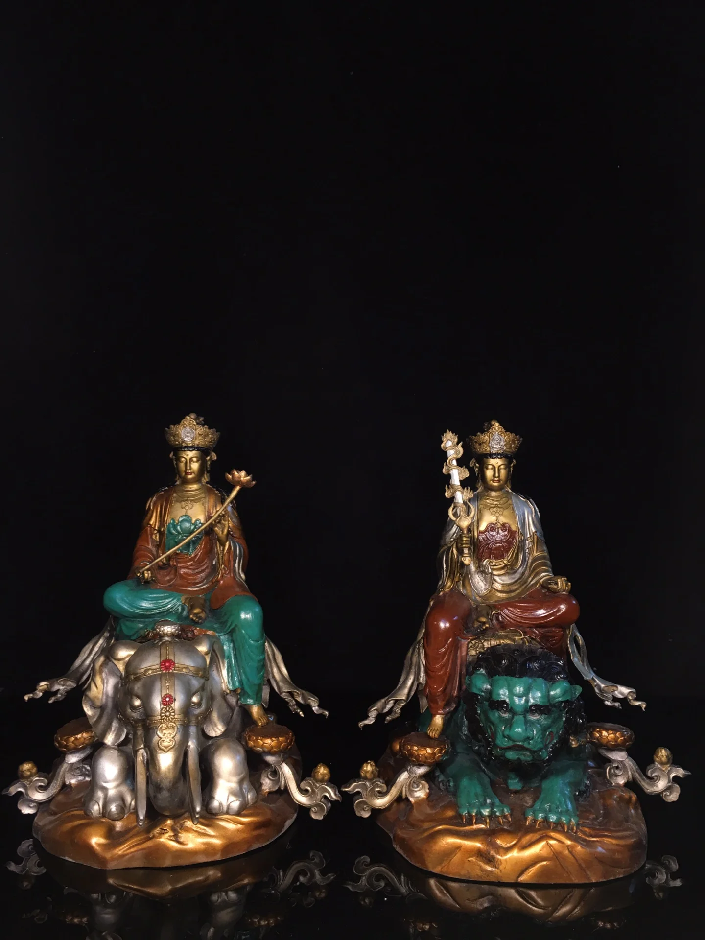 Folk Old Bronze Painted Manjushri Bodhisattva Samantabhadra Sitting Buddha mount mythical beast Amitabha Worship Hall