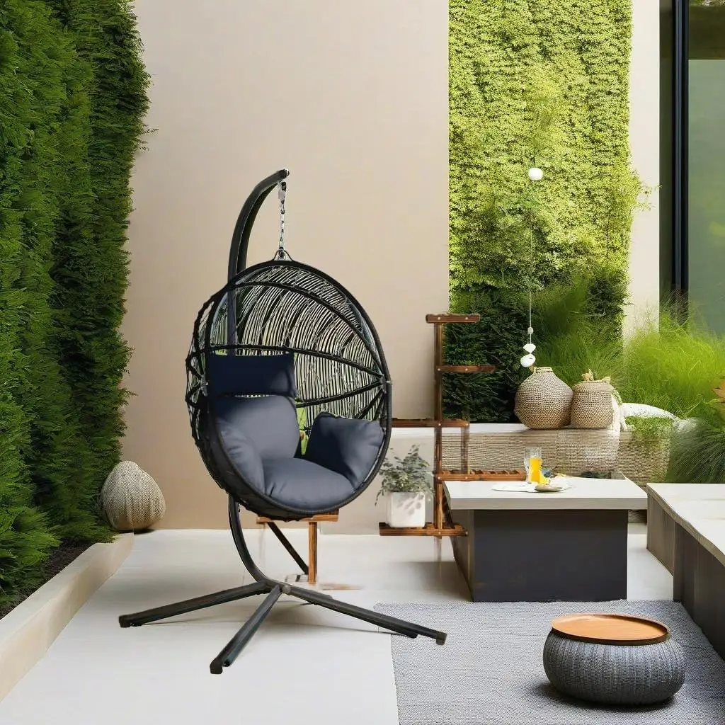 Ovo suspenso de vime antracite elegante com suporte – perfeito para relaxamento interno e externo