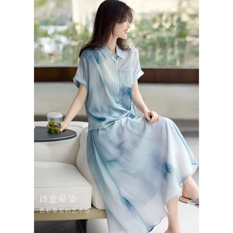 

New Fashion Ink Printing Women's Two Piece Set Summer Laple Short Sleeve Irregular Design Shirt + A-line Skirt Holidays Suit