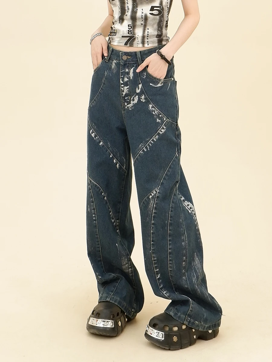 

Washed graffiti jeans women 2024 spring new loose bf American China-Chic retro wide leg