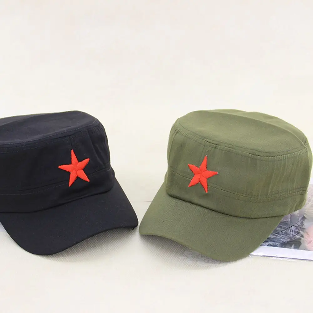 Solid Colors Men Women Army Cap Cadet Military Patrol Hat Golf Driving Red Star Sun Hat Flat Top with Adjustable Strap