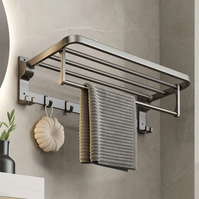 

60cm Large Storage Capacity Bathroom Accessory Set Shower Room aluminum punch-free Wall Mounted Folding Towel Rack