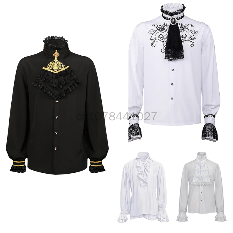 Men's  Medieval Shirts Turtlenecks Vintage Bandage Victorian Ruffles Gothic Male Jabot Blouse Tops Groom Casual Outfit