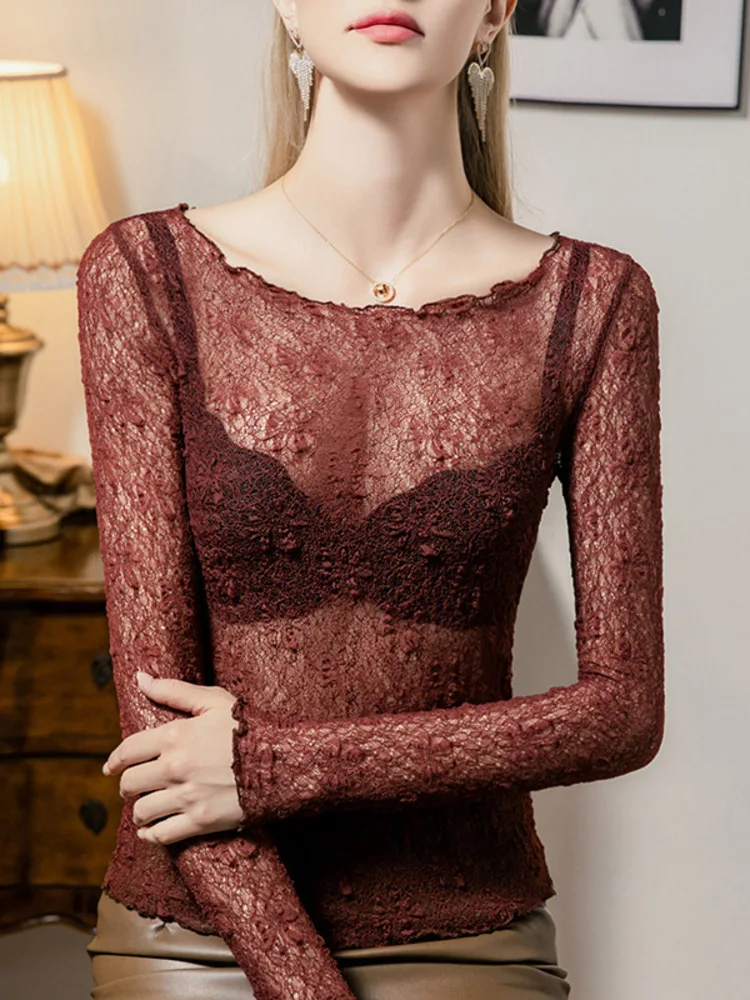 

Black Fungus Edge Lace Base For Perspective Slimming 2025 Autumn New Spicy Girl Style Women's Long Sleeved T-Shirt Small Shirt