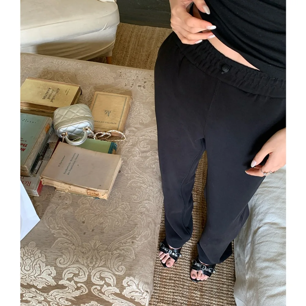 

Новые однотонные тонкие женские брюки с высокой талией, простые базовые модные повседневные женские брюки, черные свободные осенние шикарные брюки женские