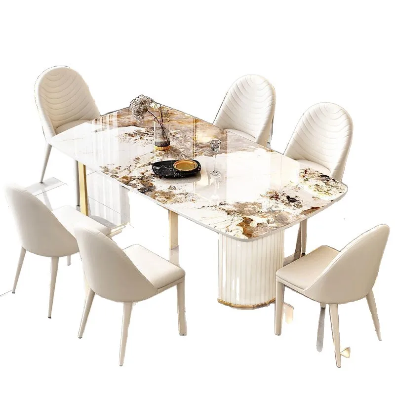 

Italian rectangular dining table bright rock slab dining table and chair combination light luxury modern simple small apartment