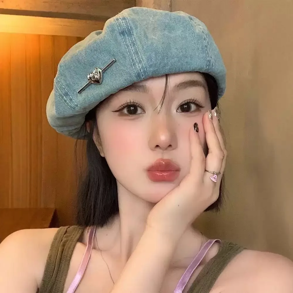 Washed Denim Beret for Women Heart Pin Painter Hat Photo Shooting Y2k Aesthetic Octagonal Beret Vintage Retro Casual Outing