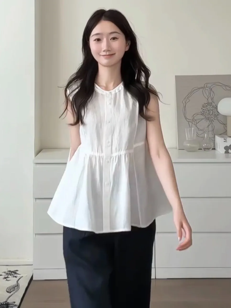 

Korean Style Sleeveless Single Button Vest Shirt Women's Loose Slimming Summer New Design Casual Cotton round Neck Top
